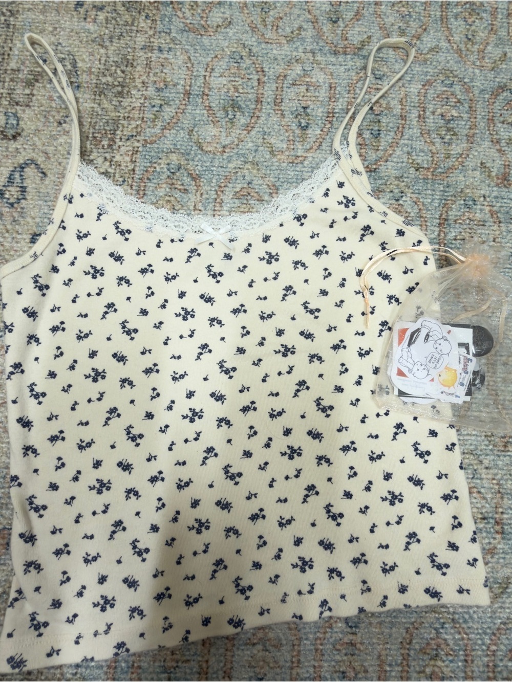 Brandy Melville Cream Cami with Navy Floral Print & Lace Trim